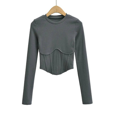 Corset Style Ribbed Long Sleeve Top - SunsetFashionLA